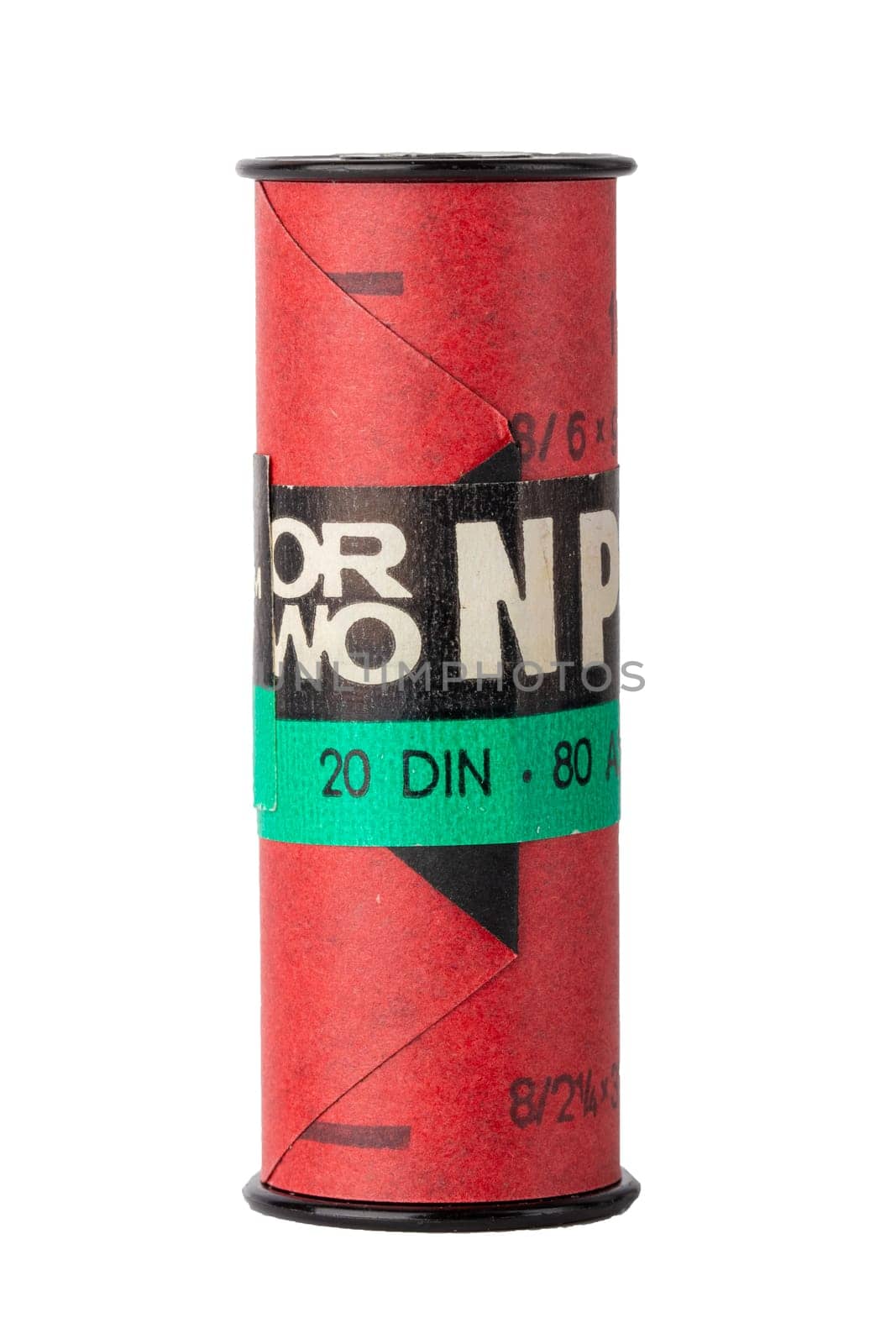 Potsdam, Germany - Aug 11, 2018. A old ORWO (Original Wolfen) NP20 (NP= Negative Panchromatic) film roll isolated. Analogue vintage photography. Macro.