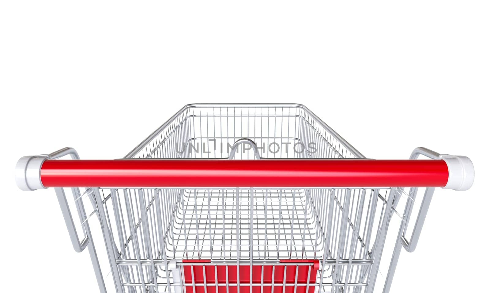High-resolution image of an unoccupied metal shopping cart with vibrant red handles. 3d render