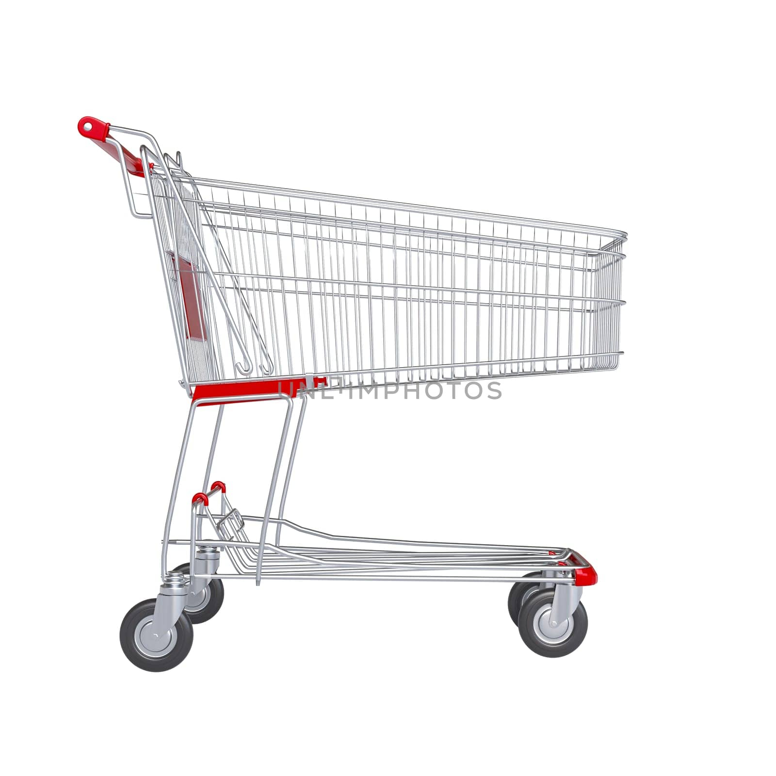 metal shopping cart with red accents, isolated on a white background 3d render