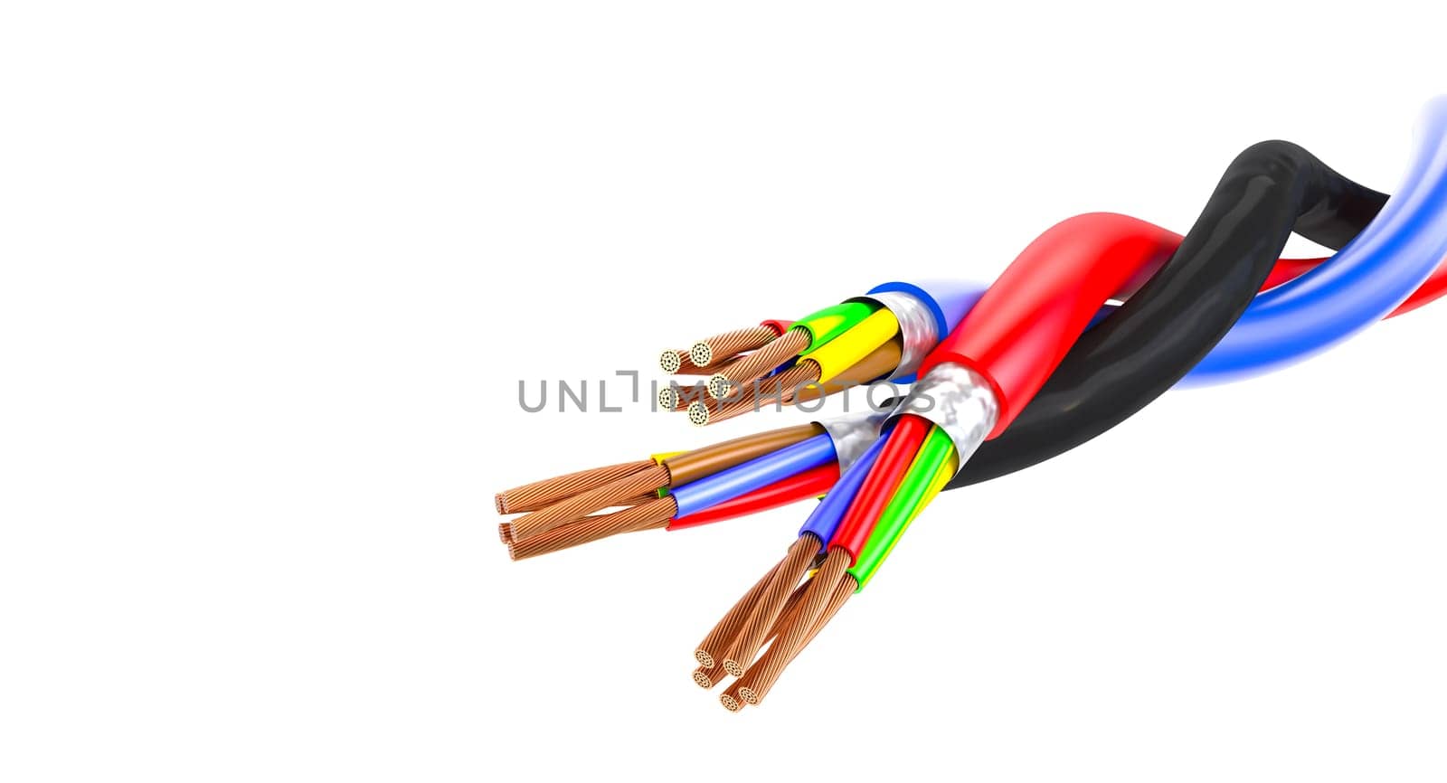 High-resolution image of intertwined electrical wires with a clean white background, 3d render