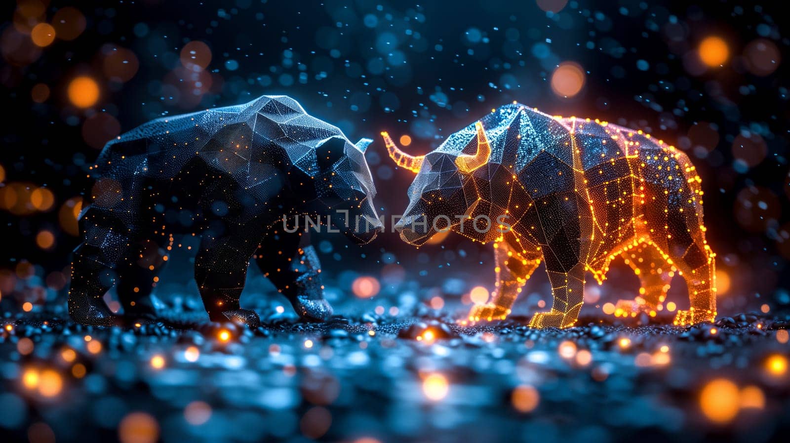 bear and bull silhouettes made of shining lights face off in a vibrant digital landscape, generated by ai