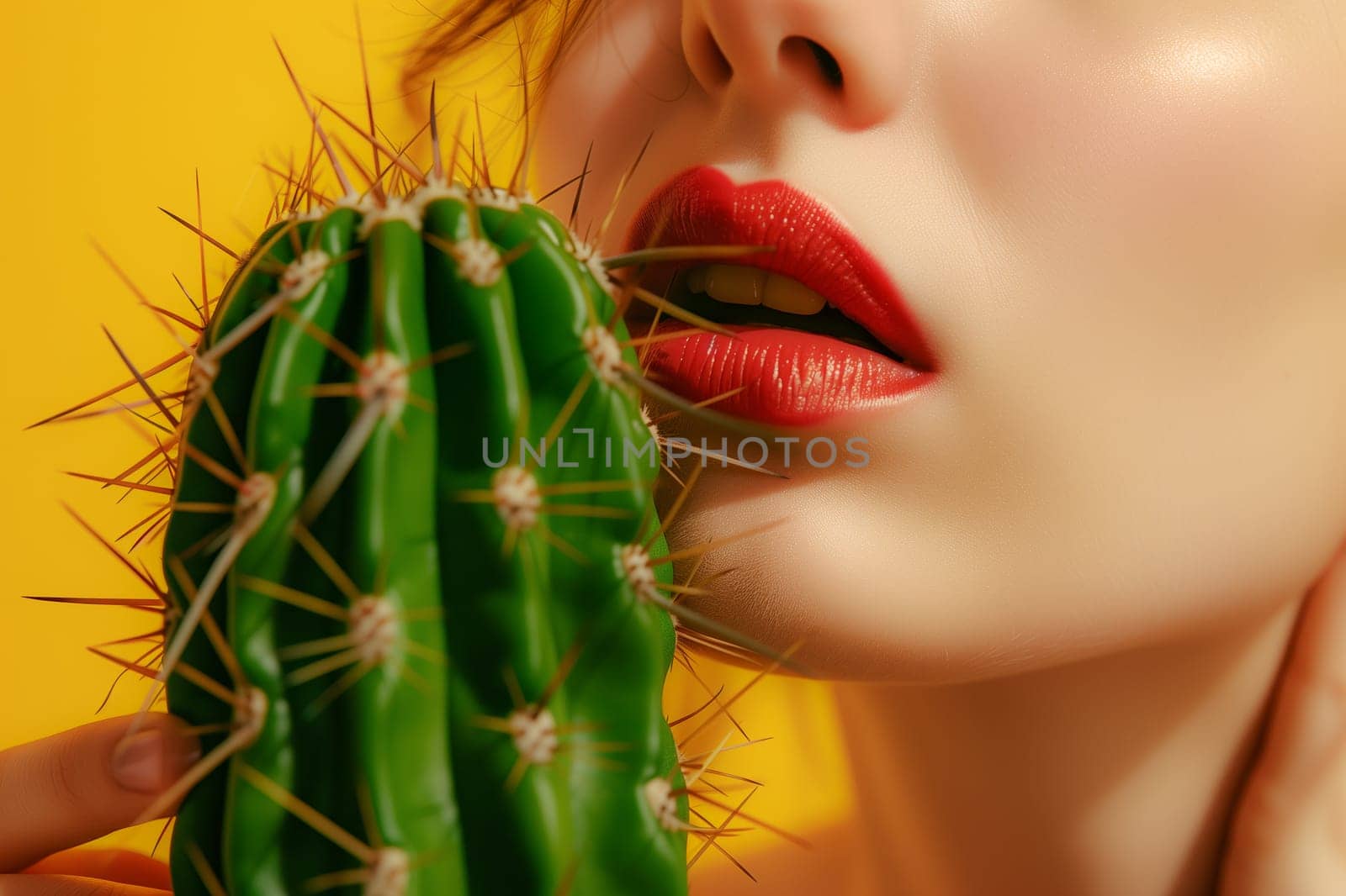 Close-up of a woman's red lips next to a green cactus, generated by ai
