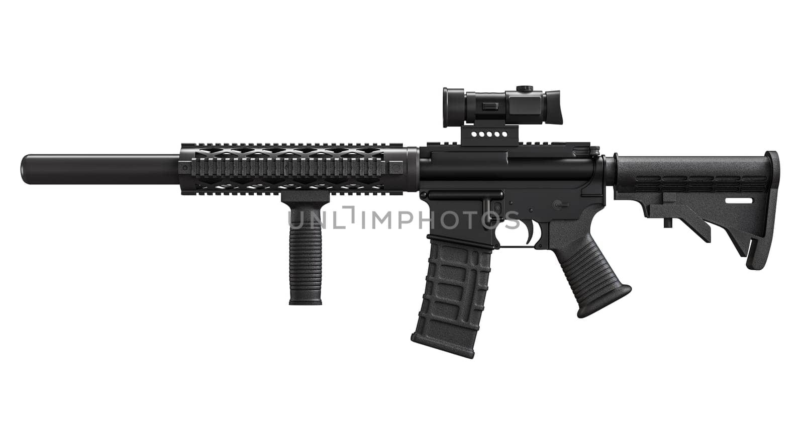 Detailed image of an assault rifle with a matte black finish isolated on a white background. 3d render