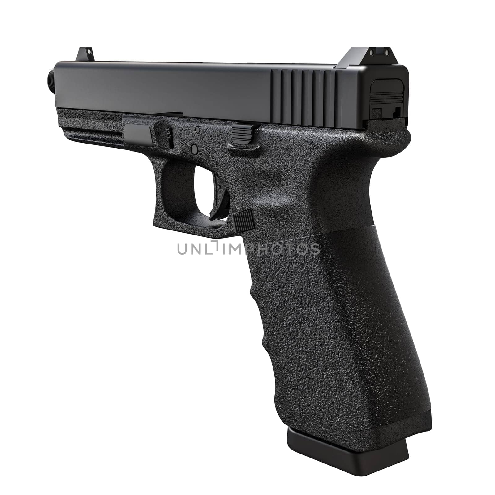 Black semi-automatic pistol with a tactical design isolated on a white background. 3d render