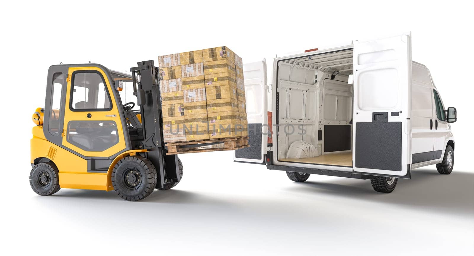 A 3d illustration of a forklift placing a pallet into a cargo van