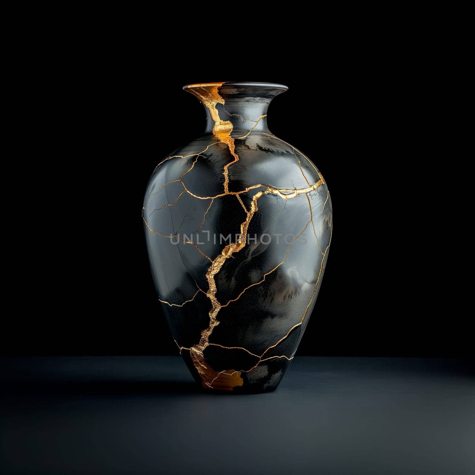Sophisticated black vase featuring the japanese kintsugi technique with golden seams on a dark background, generated by ai