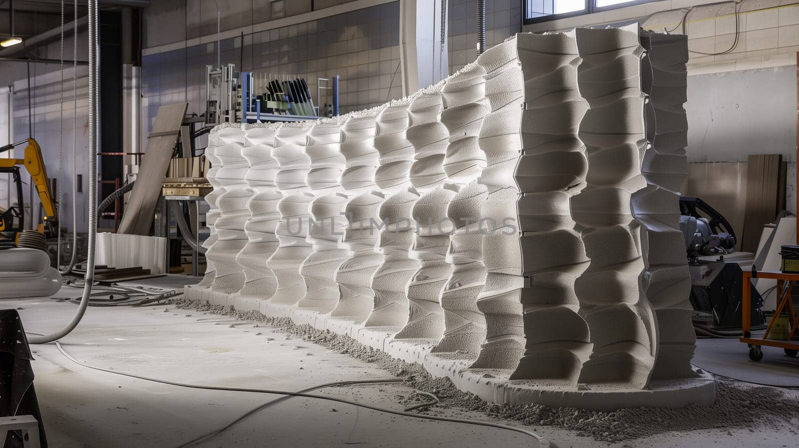 Large-scale 3d printed wall with unique design, showcased in an industrial workshop setting, generated by ai