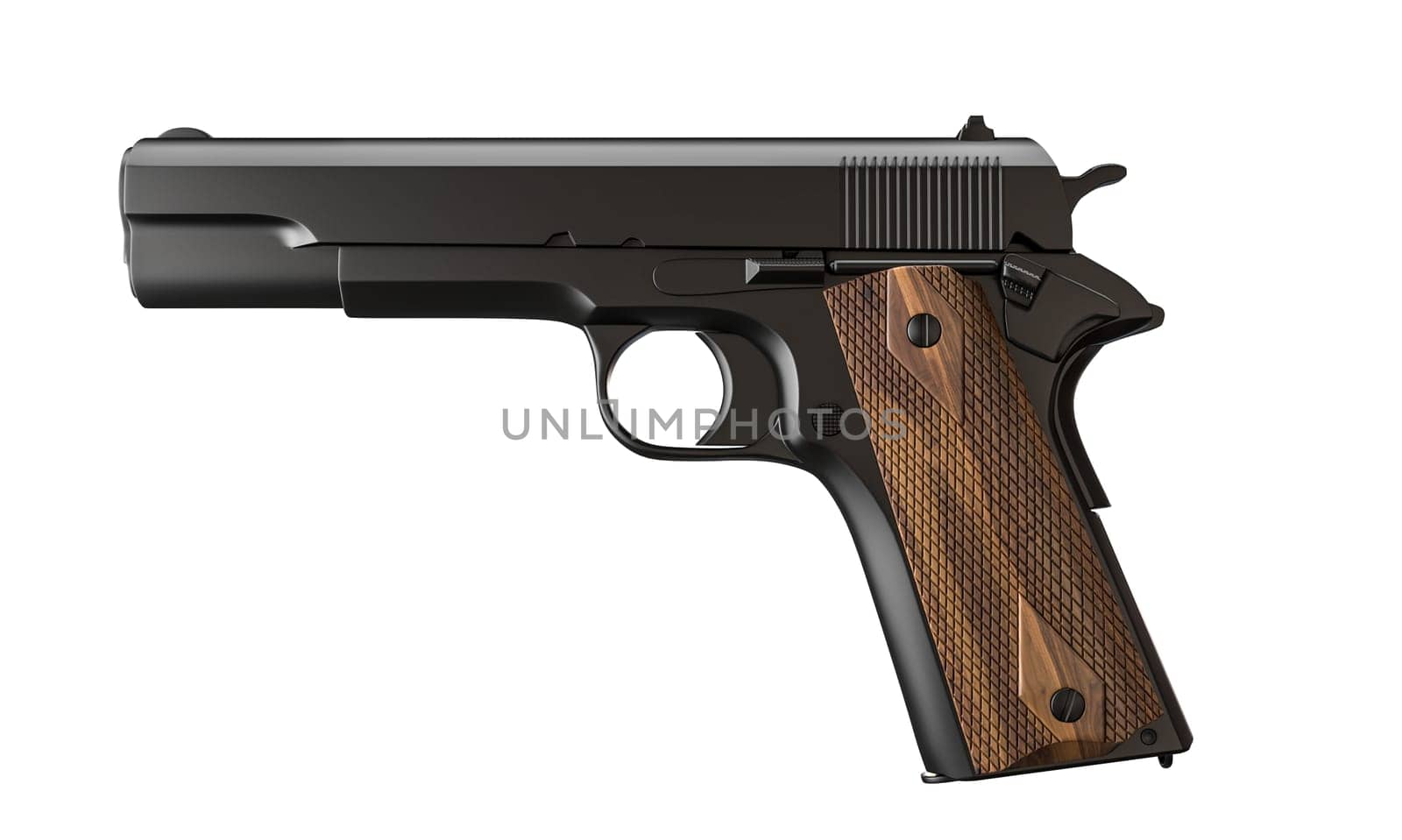 Detailed image of a black semi-automatic pistol with a textured grip. 3d render