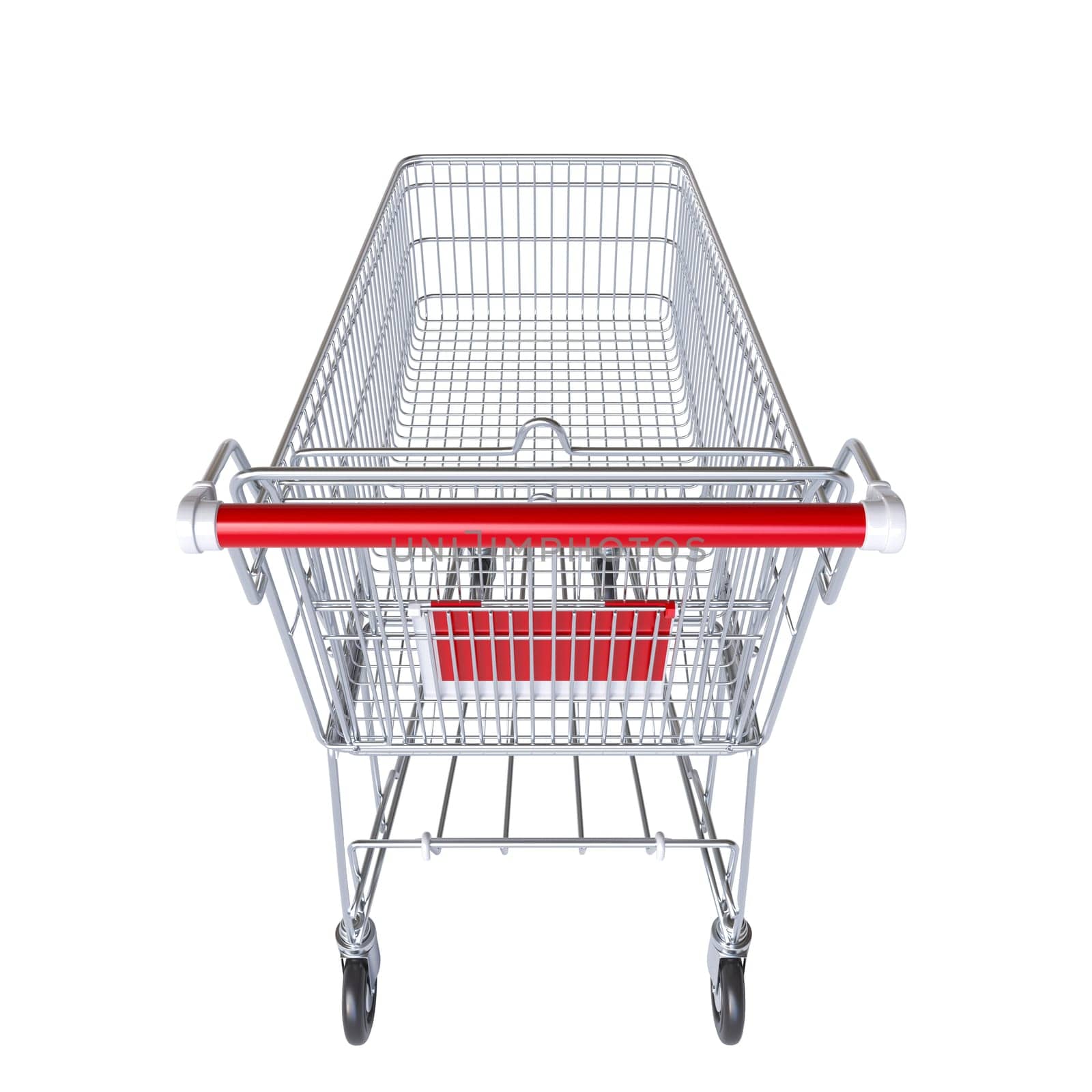 Clean, empty metal shopping cart isolated on a white background, render 3d