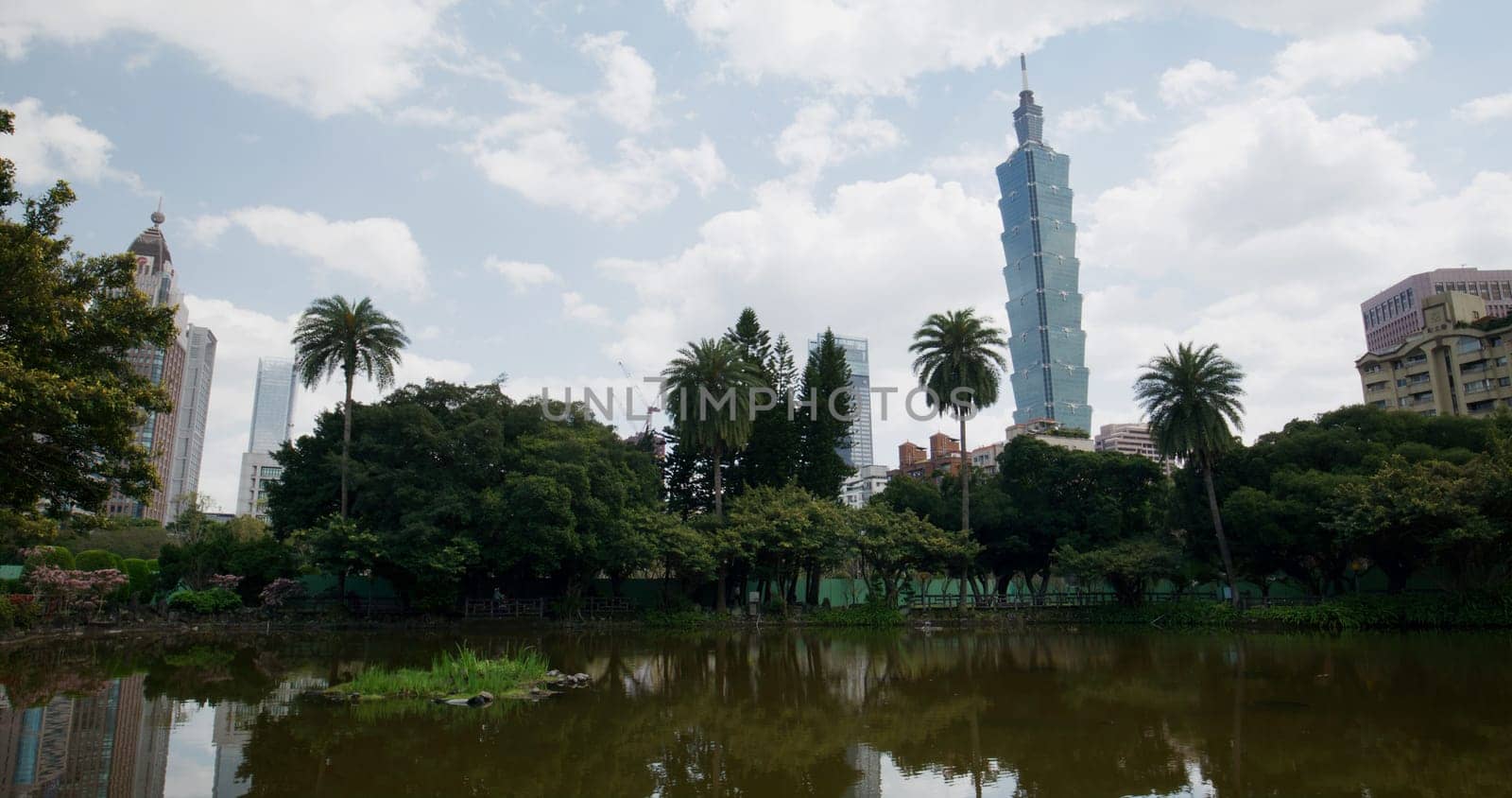 Taipei, Taiwan 12 March 2022: Taipei 101 city landmark in Sun Yat Sen Memorial hall