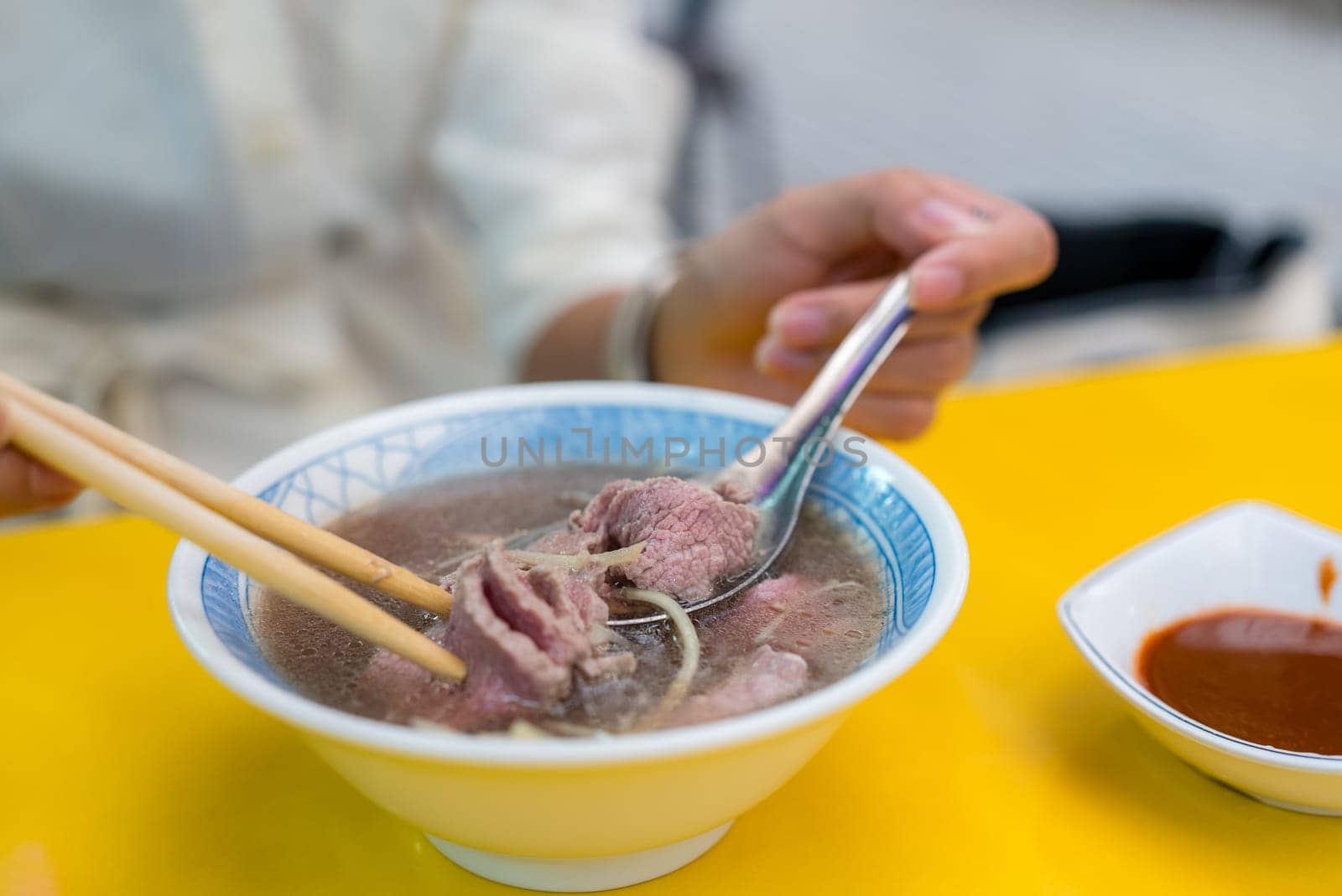 Fresh raw beef soup in Taiwan food store