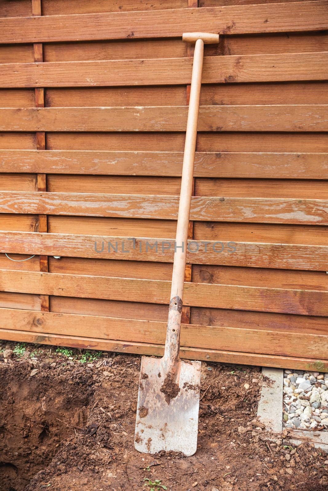 Spade in a garden with soil and  wooden garden fence
