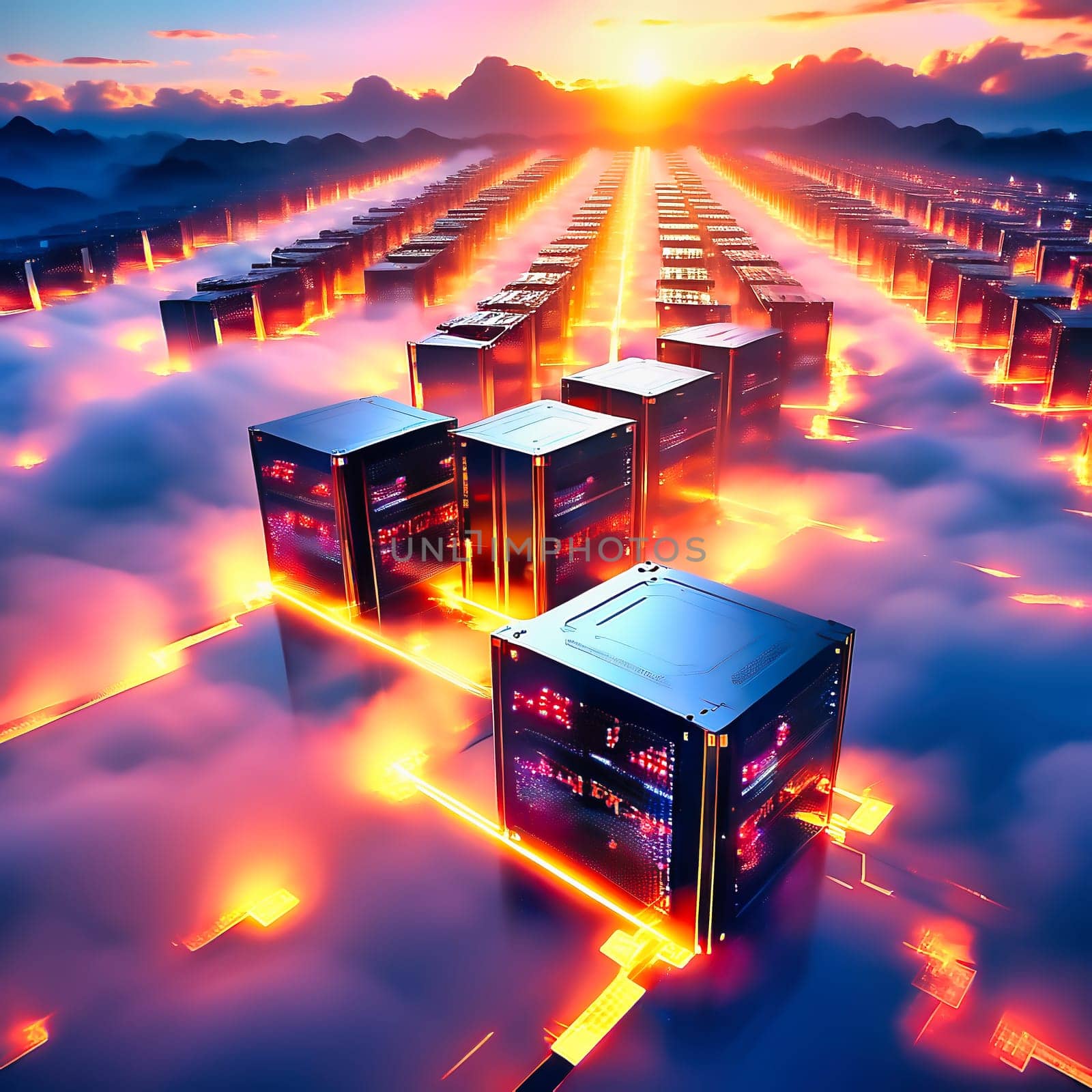 Server room with server cabinets, digitalis for host PC. Management and storage of data. AI generated image.