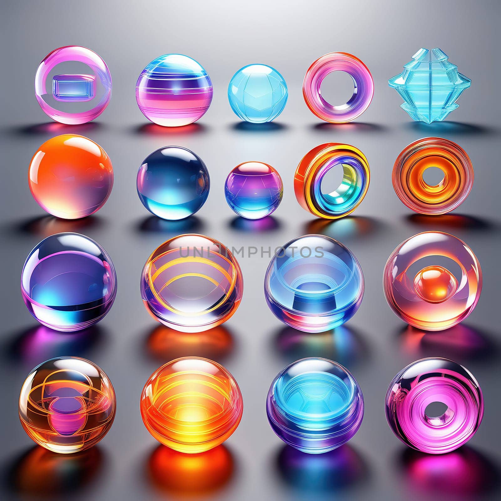 3d render. Neon glowing glass shapes on a virtual dark background. Futuristic graphic rendering. Luminous elements