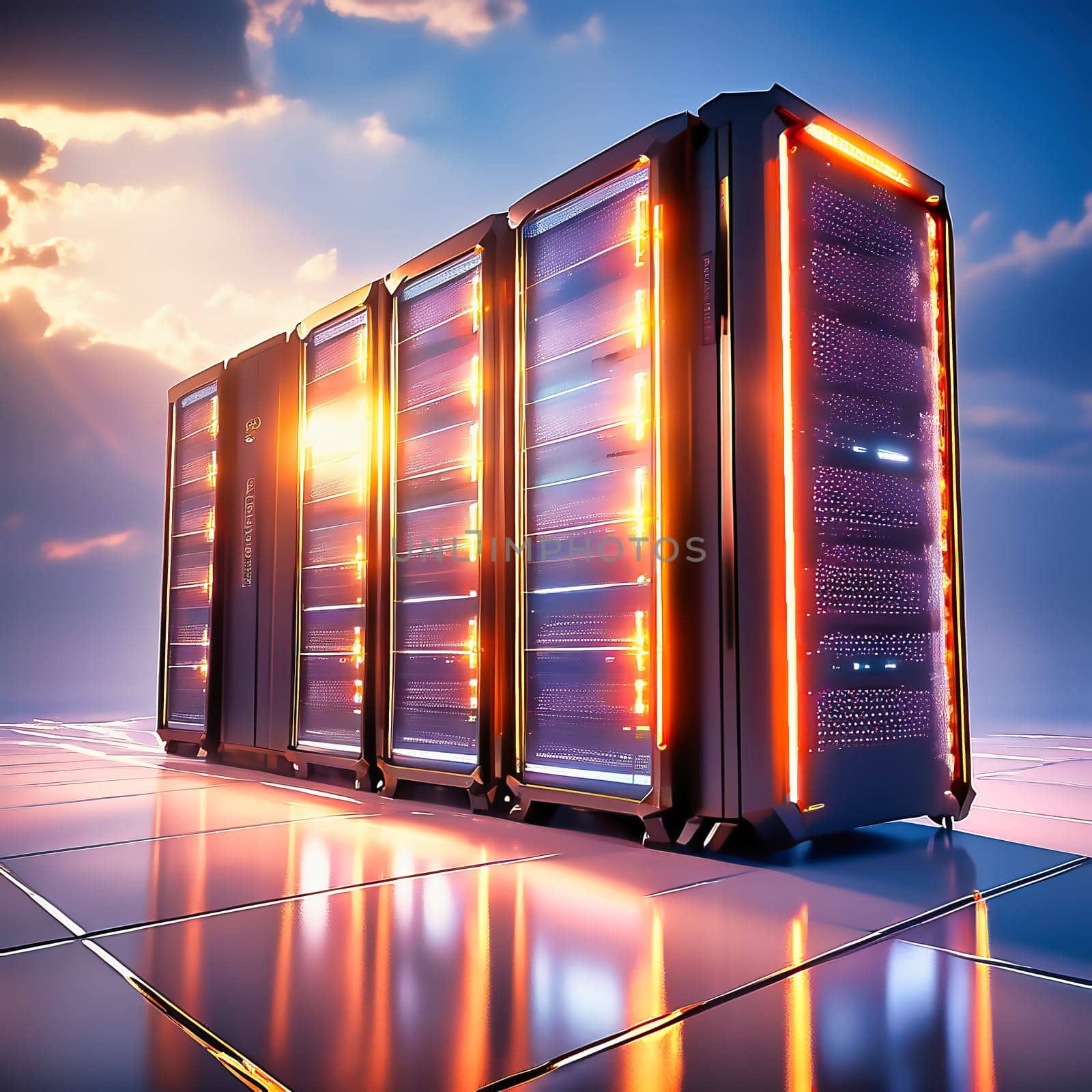 Server room with server cabinets, digitalis for host PC. Management and storage of data. AI generated image.