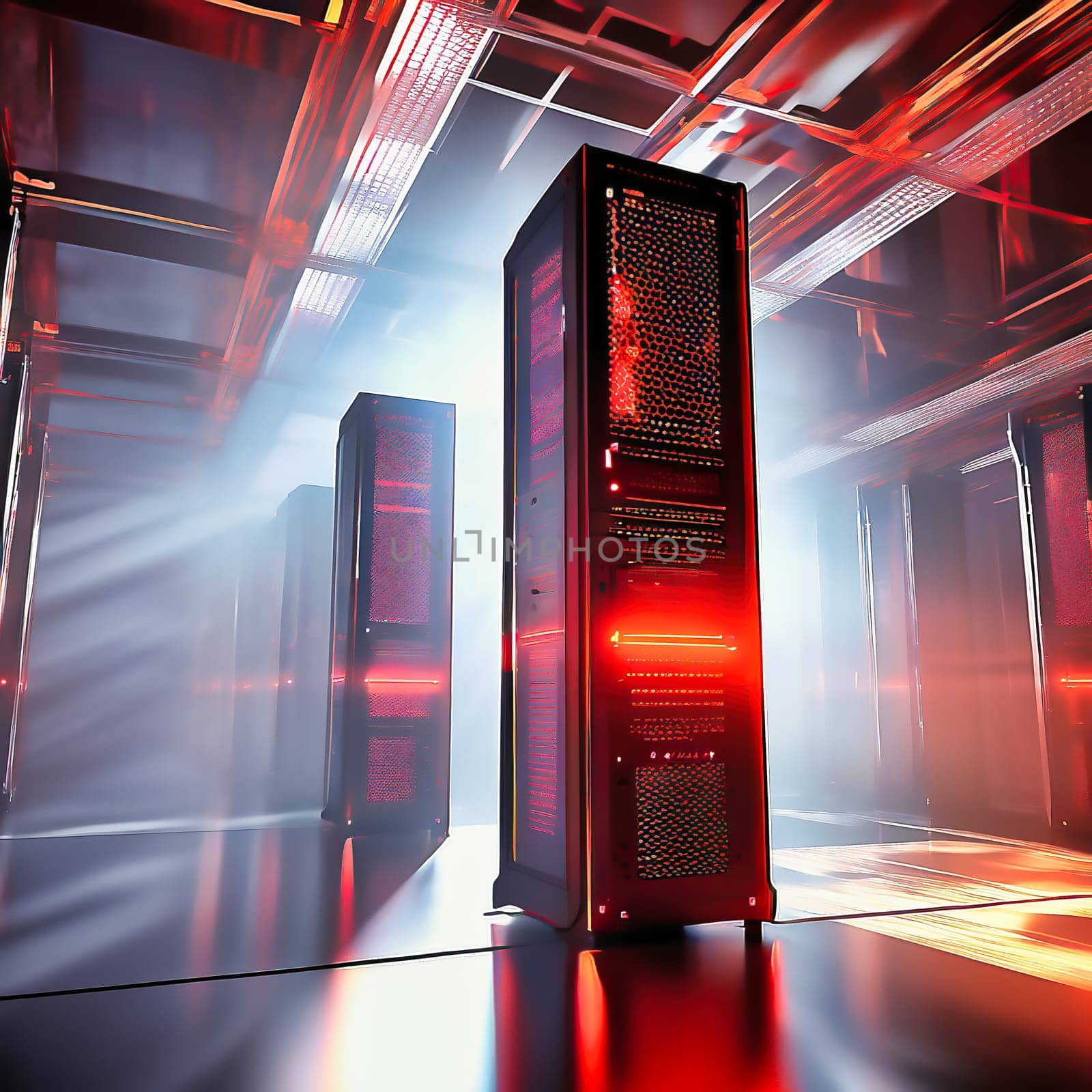 Server room with server cabinets, digitalis for host PC. Management and storage of data. AI generated image.