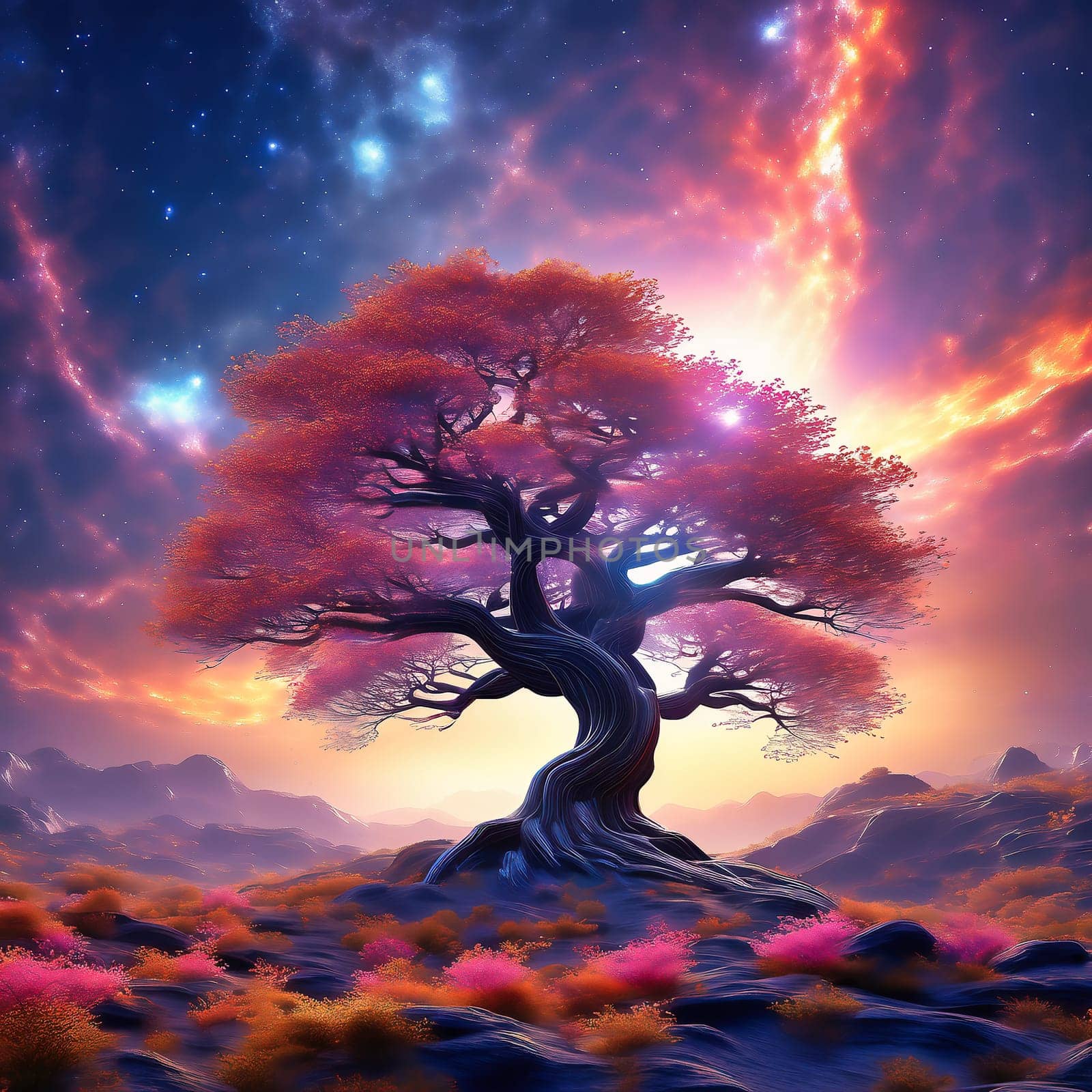 Fantasy tree in front of a starry sky with colorful clouds in the universe. AI generated image. Bright colors with old tree on a hill.
