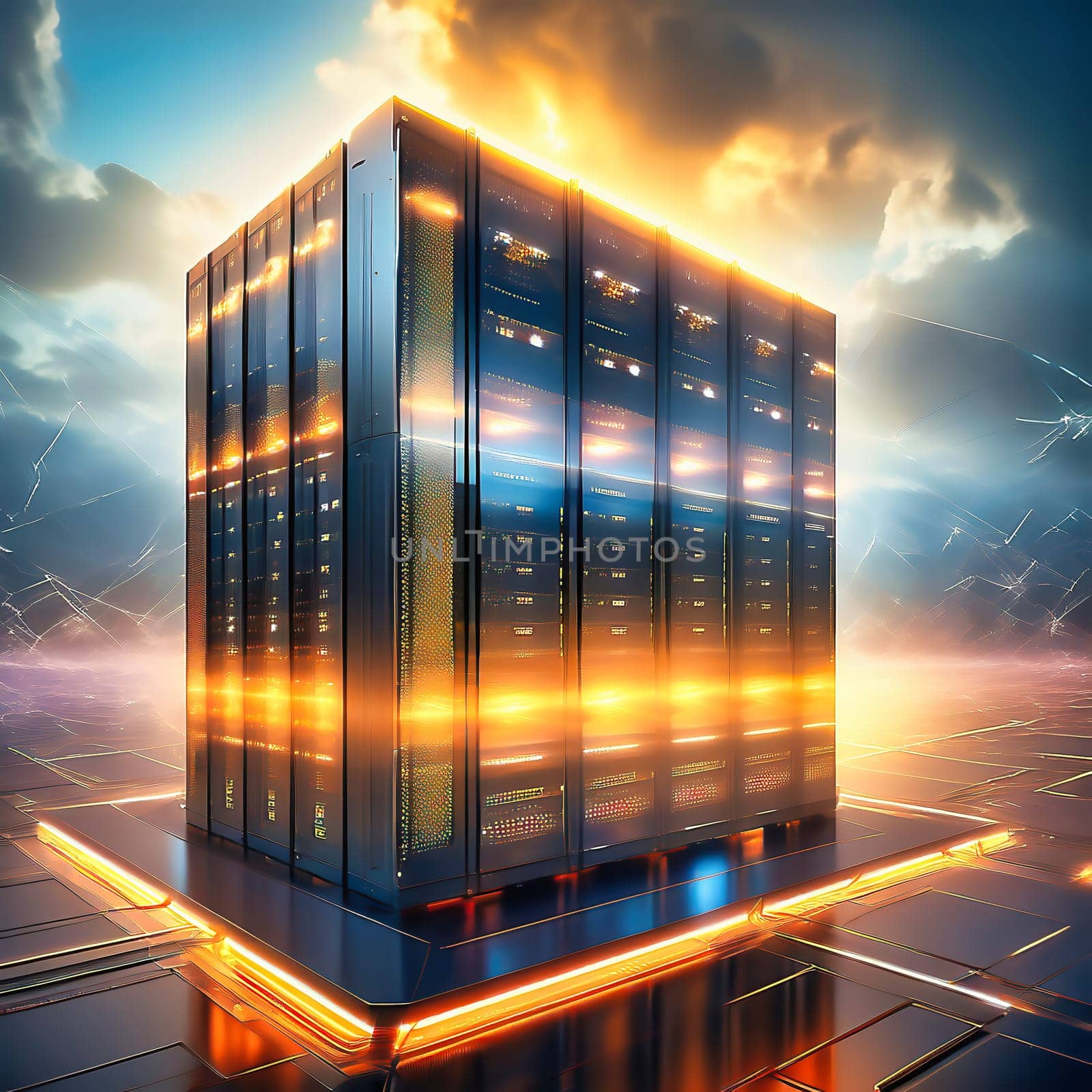 Server room with server cabinets, digitalis for host PC. Management and storage of data. AI generated image.