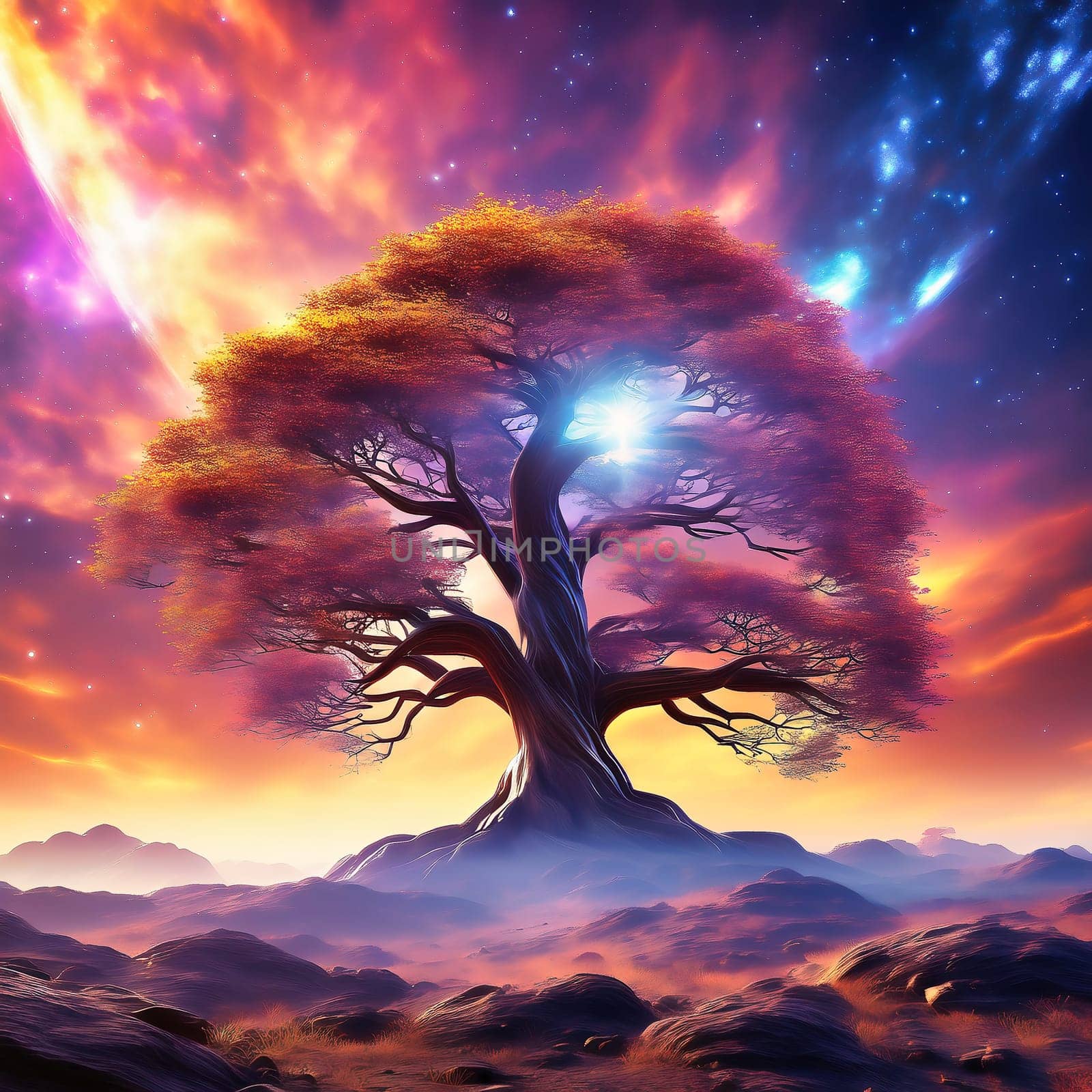 Fantasy tree in front of a starry sky with colorful clouds in the universe. AI generated image. Bright colors with old tree on a hill.