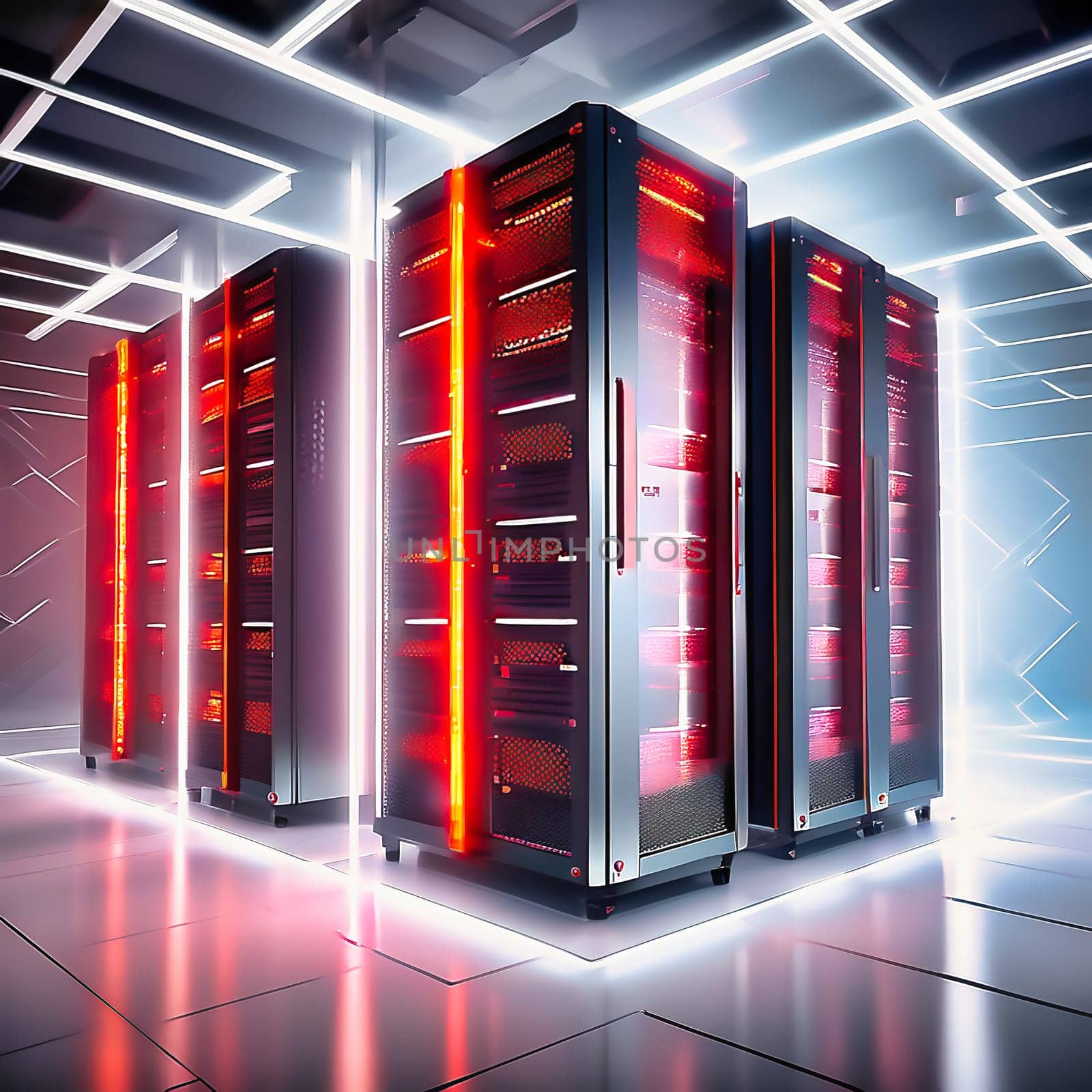 Server room with server cabinets, digitalis for host PC. Management and storage of data. AI generated image.