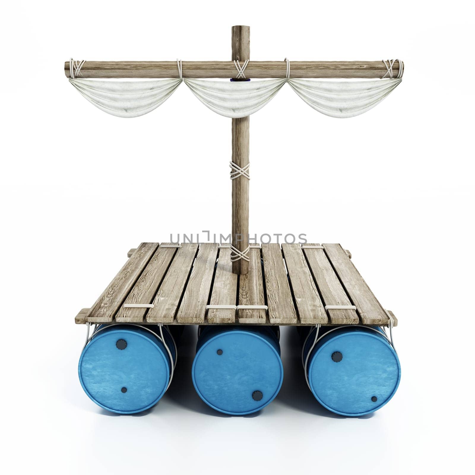 Wooden raft with floating empty barrels on the lower side isolated on white background. 3D illustration.