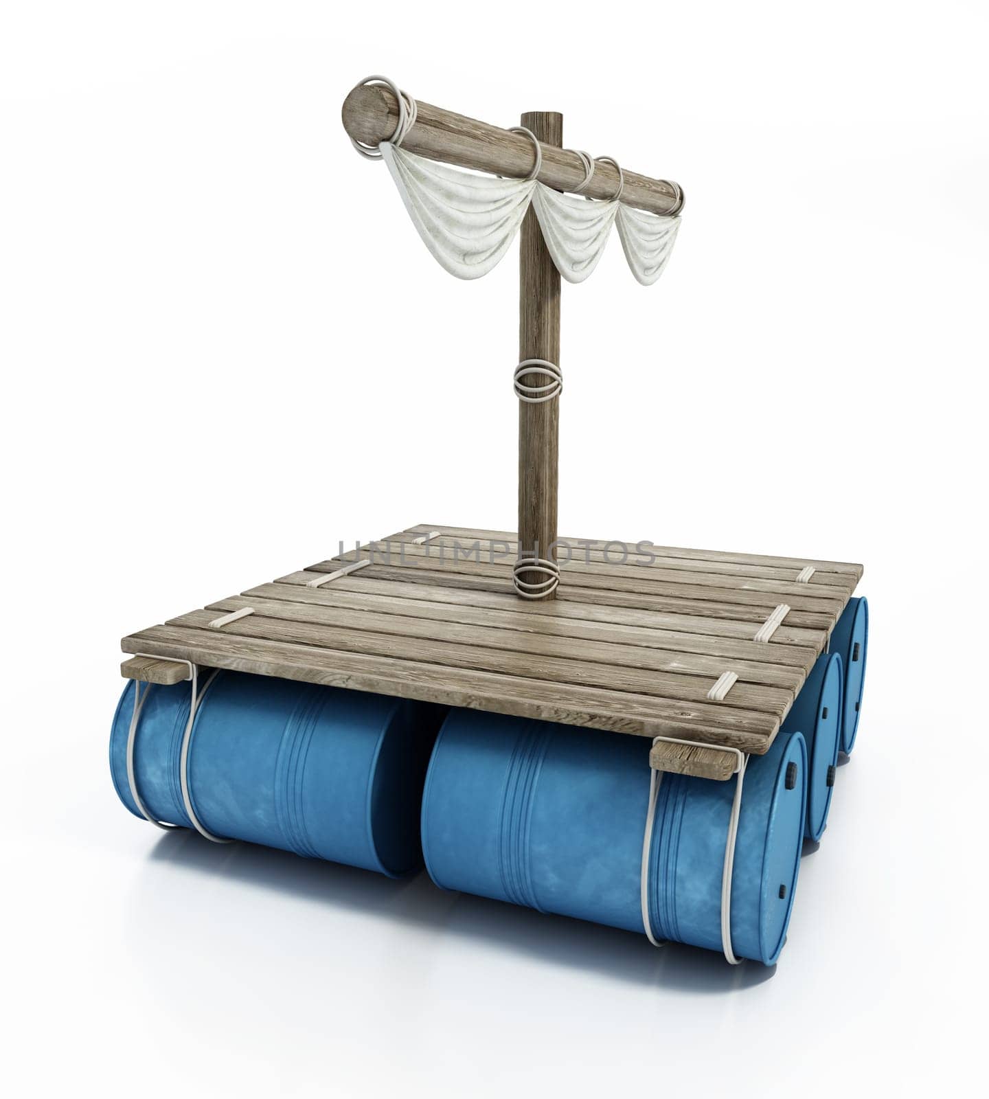 Wooden raft with floating empty barrels on the lower side isolated on white background. 3D illustration.