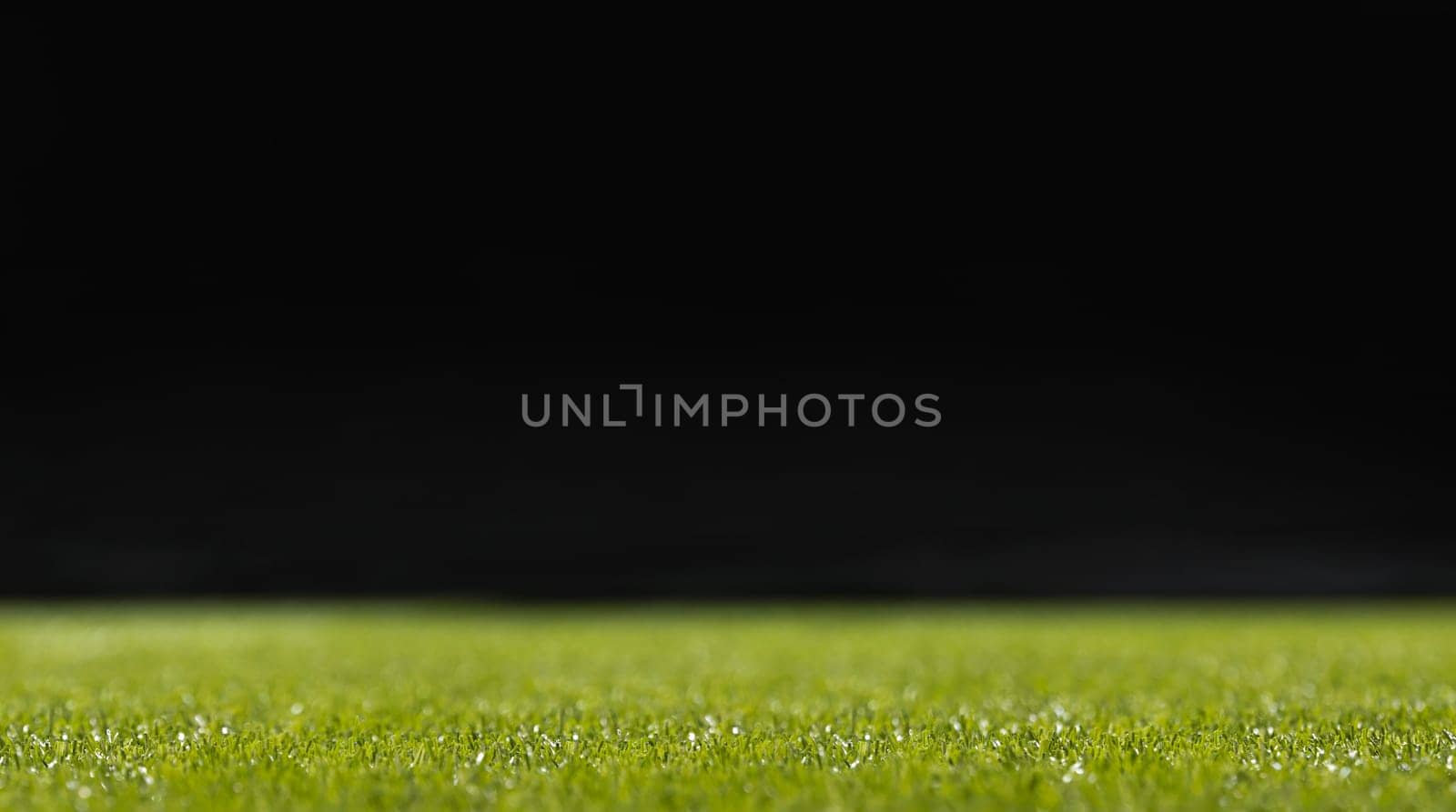 A selective background of green grass at the bottom of the frame with dew drops on a black background
