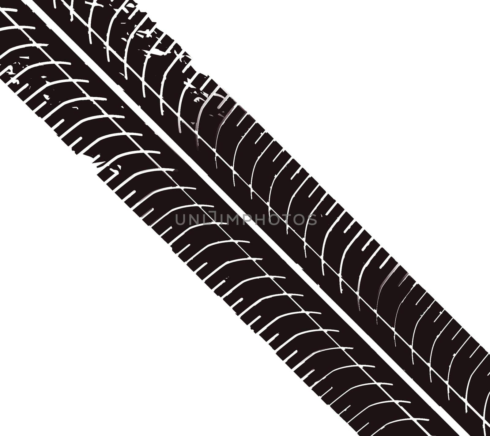Large black tread mark from a car wheel with a natural pattern on a white background