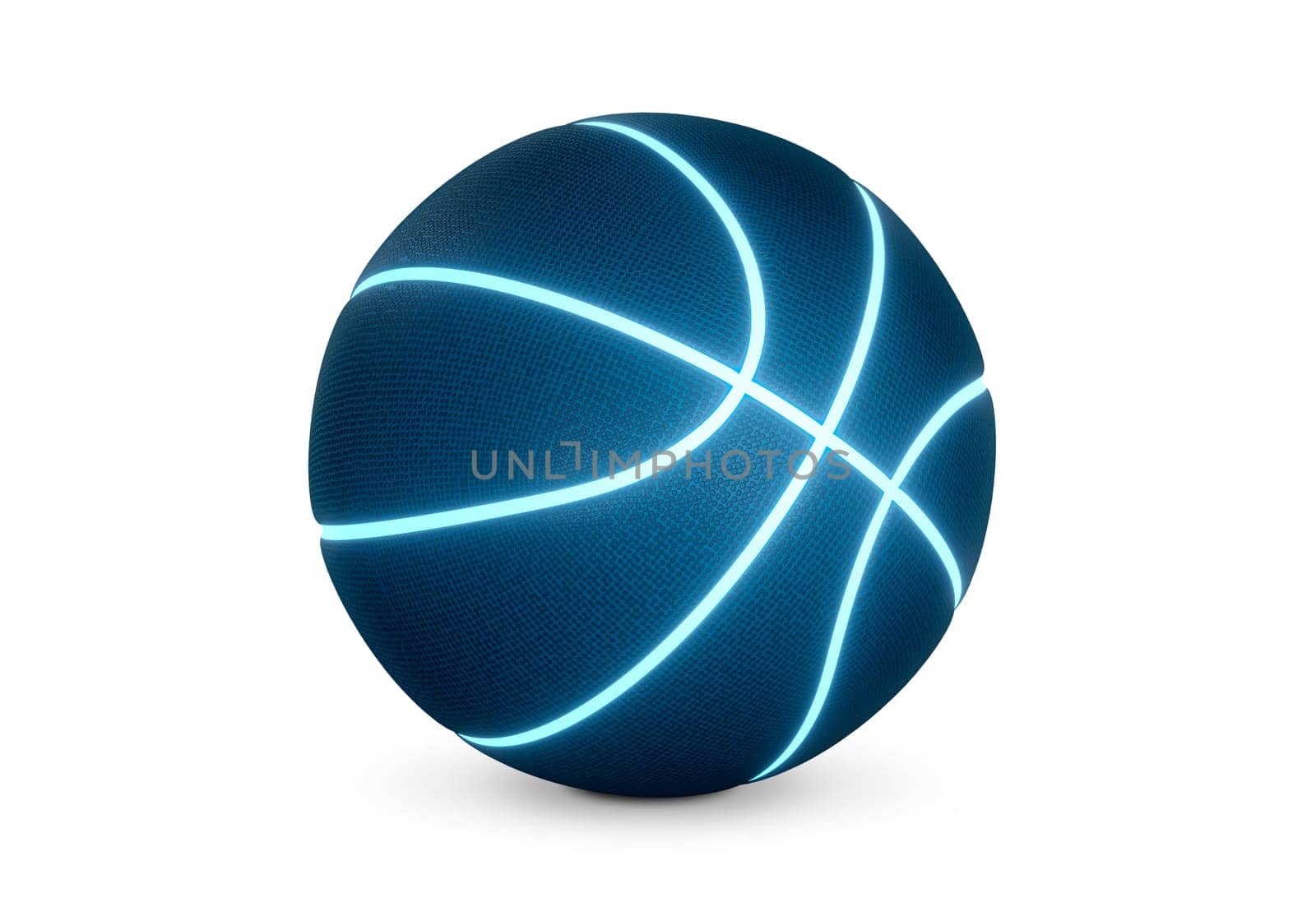 Blue basketball with bright glowing neon lines on white background