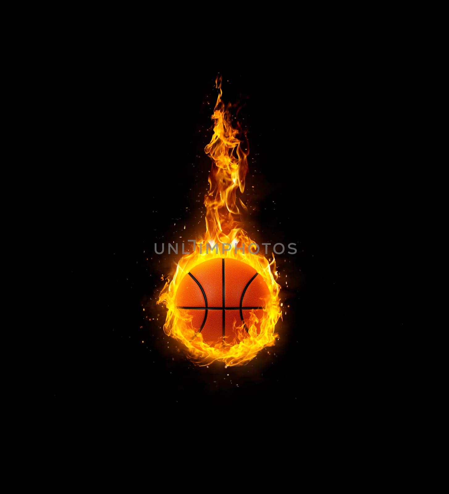 basketball, on fire on black background