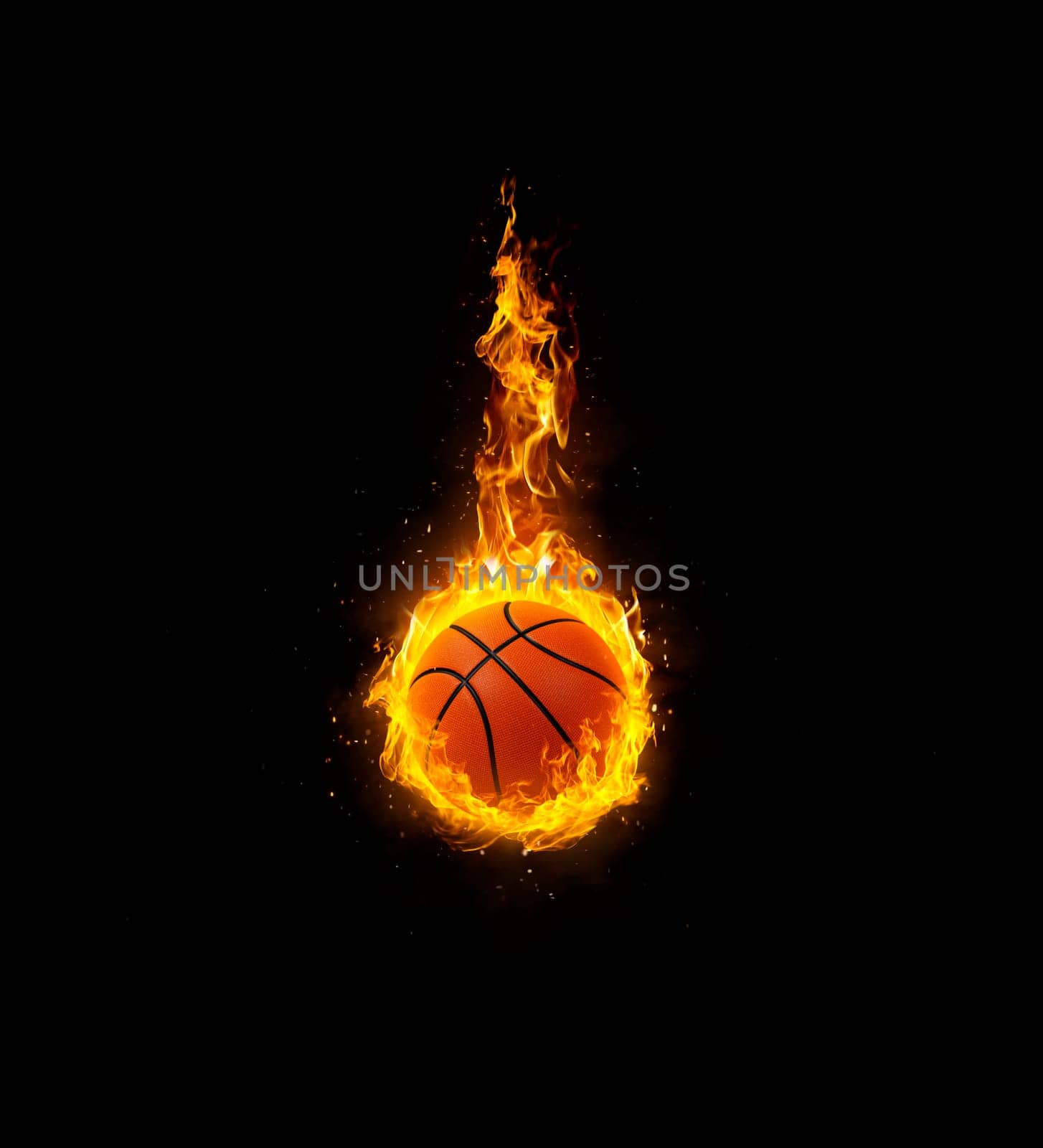 basketball, on fire on black background