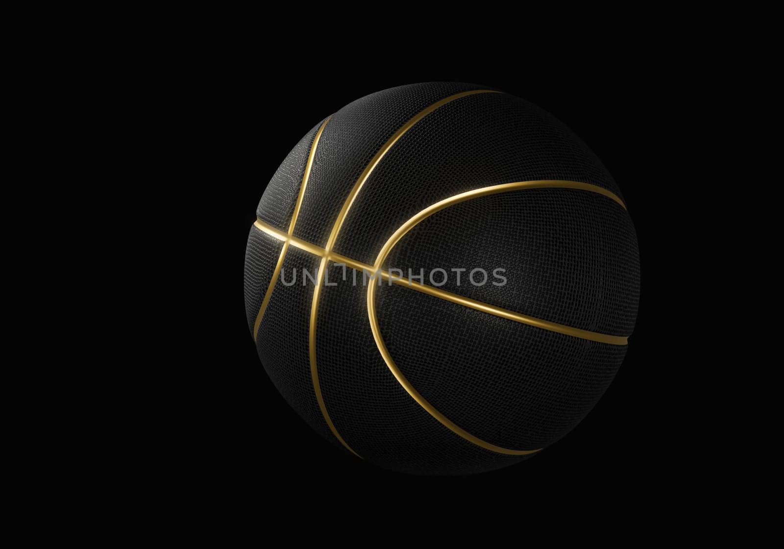 Black basketball closeup with golden lines high quality on black background