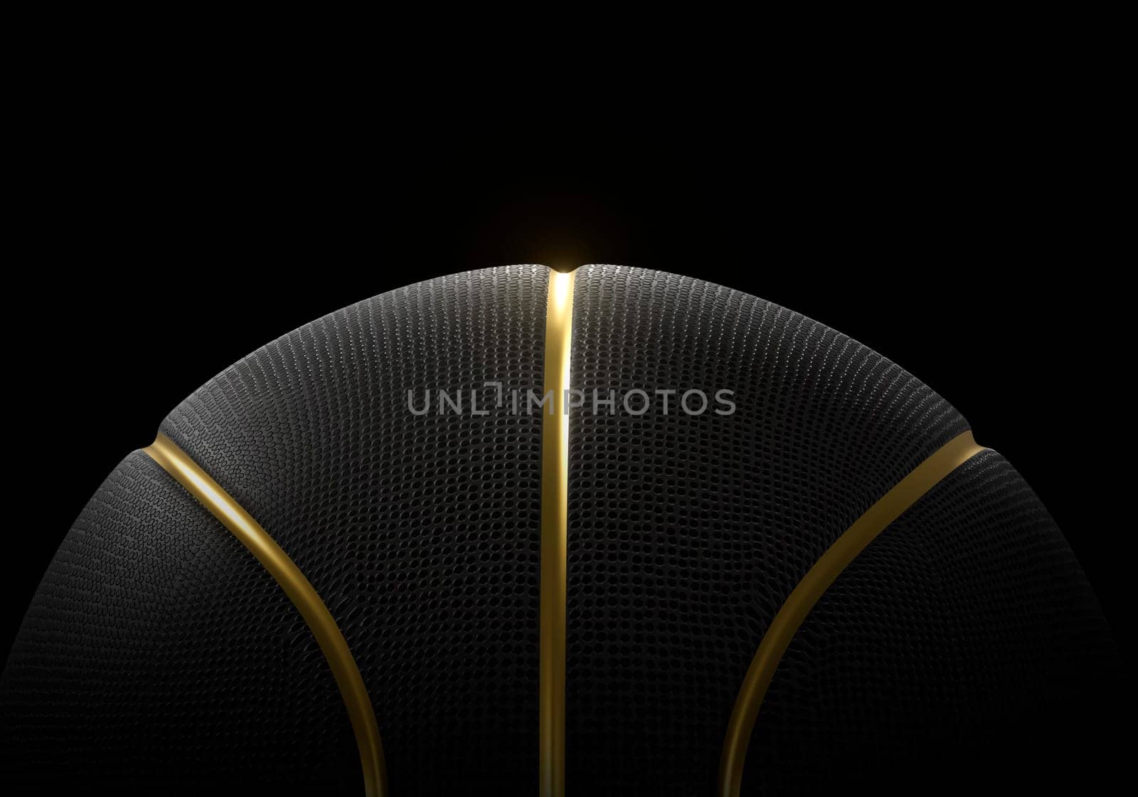 Black basketball closeup with golden lines high quality on black background