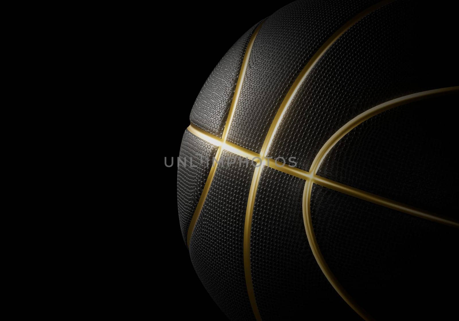 Black basketball closeup with golden lines high quality on black background
