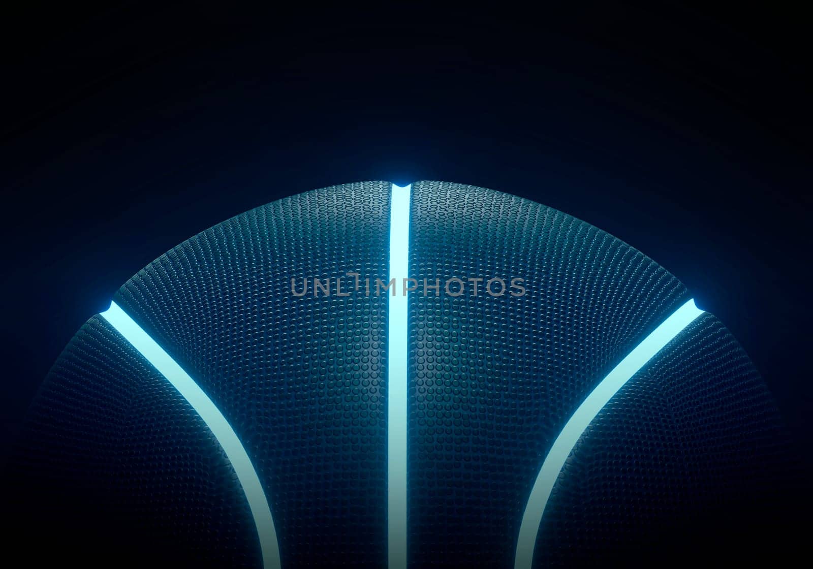 Blue basketball with bright glowing neon lines on black background