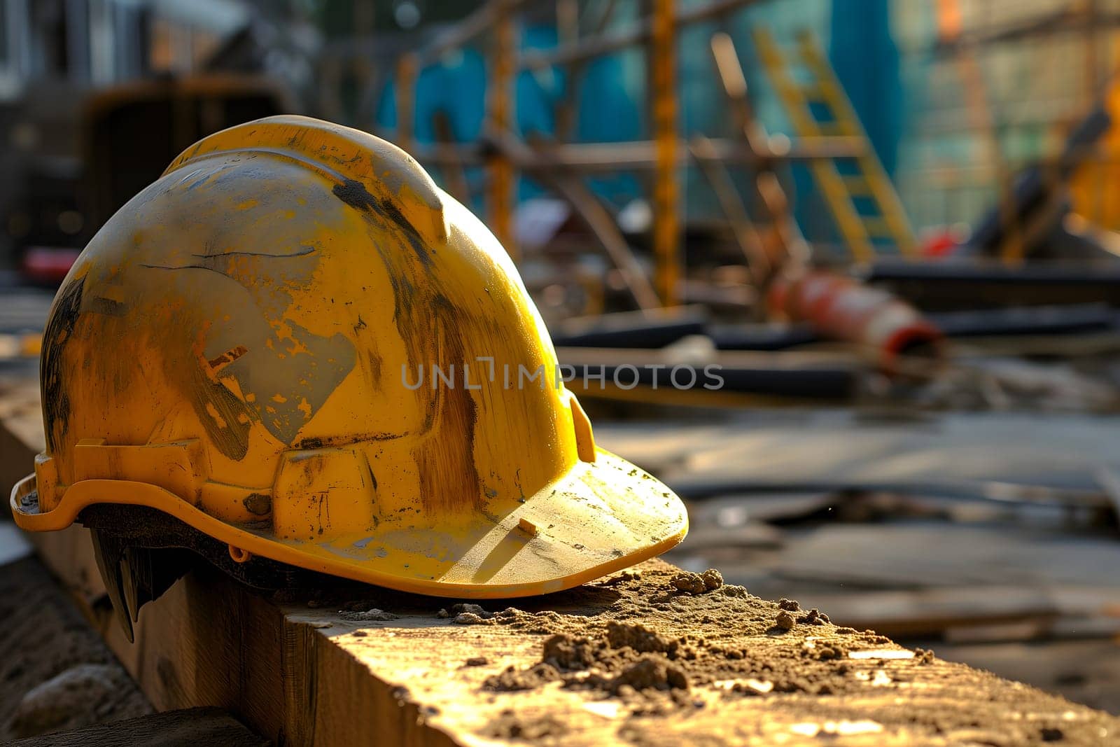 Old yellow hard hat at construction site. Neural network generated image. Not based on any actual scene or pattern.