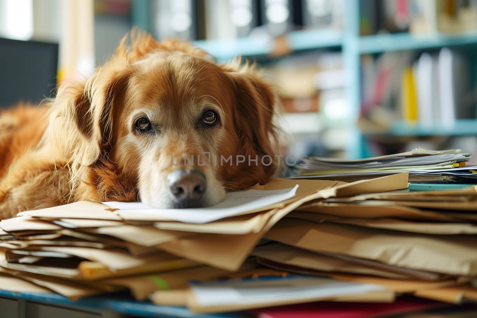 dog in an office, overwhelmed by a mountains of paperwork. Neural network generated in January 2024. Not based on any actual scene or pattern.