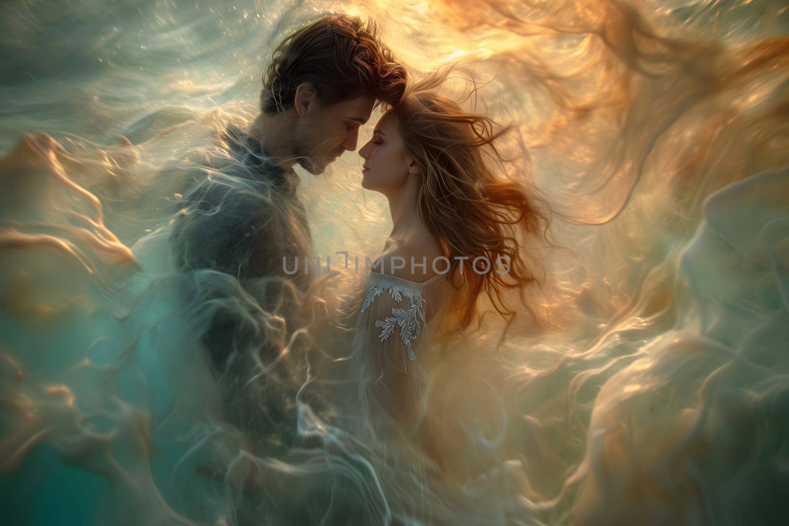 Man and woman embracing in surreal, colorful liquid fantasy dreamscape. Neural network generated image. Not based on any actual person or scene.