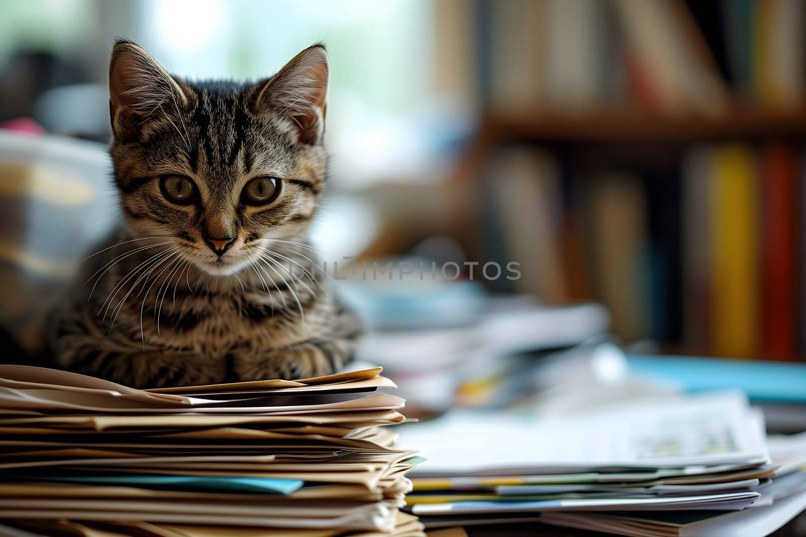 kitten in an office, overwhelmed by a mountains of paperwork. Neural network generated in January 2024. Not based on any actual scene or pattern.