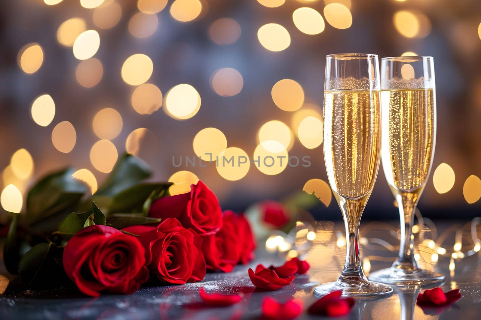 two glasses with sparkling wine or champagne and red roses on table with bokeh lights in the background for generic celebration concept. Neural network generated image. Not based on any actual or scene.