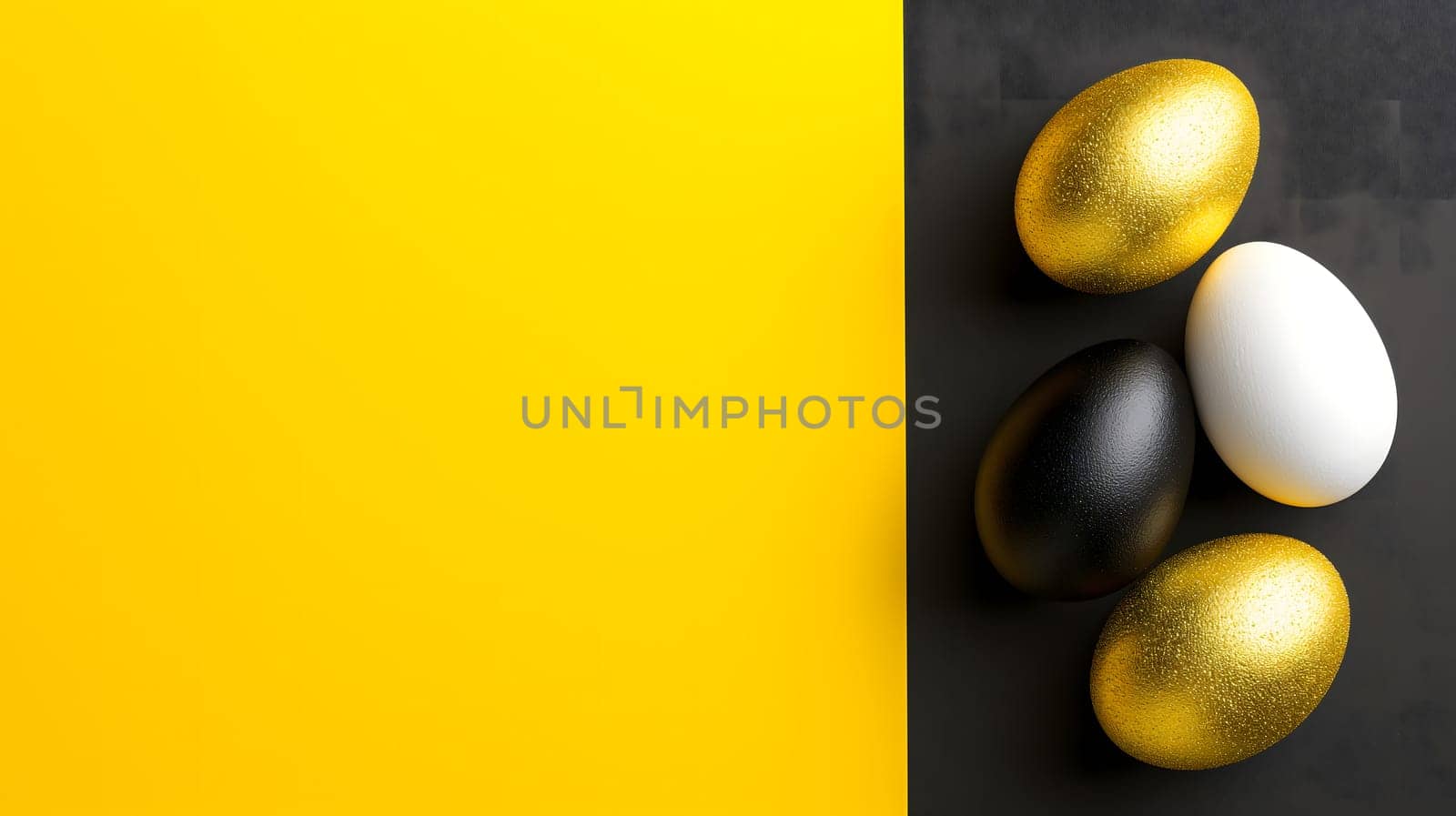 Golden, black, white Easter eggs on a yellow-black background. geometry. Minimal concept. View from above. Neural network generated image. Not based on any actual scene or pattern.