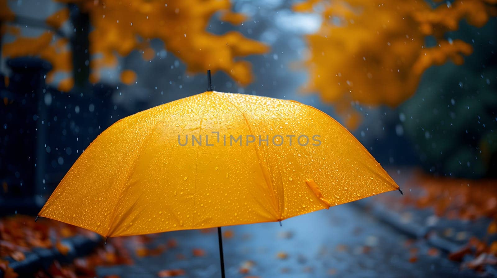 Close up, yellow umbrella under rainfall against a background of autumn leaves. Concept of rainy weather. Neural network generated image. Not based on any actual scene or pattern.
