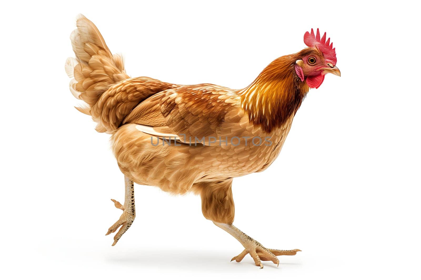 Running chicken hen on white background. Neural network generated image. Not based on any actual scene or pattern.