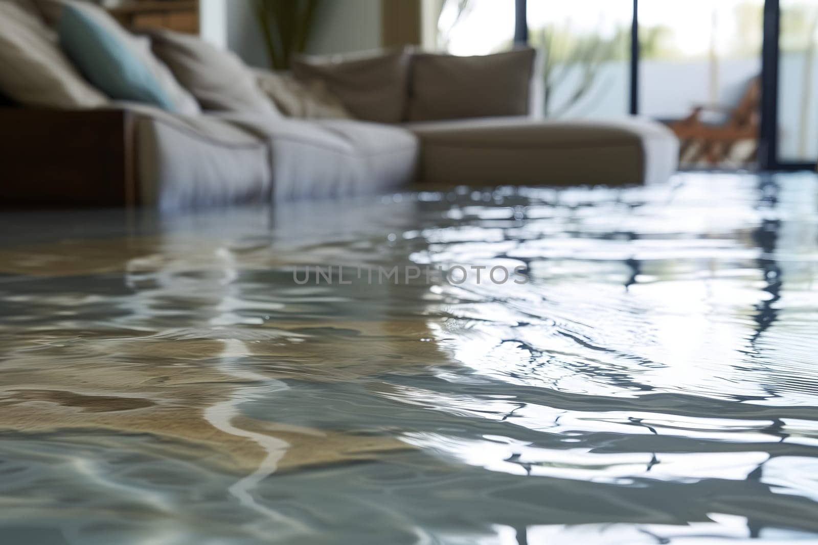 Home Floor Flooded, Showcasing Water Damage And Potential Issues. Neural network generated image. Not based on any actual scene or pattern.