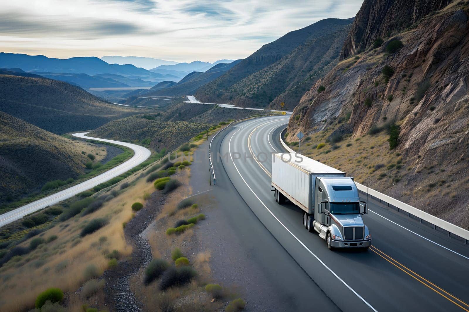 American long-nose semitruck on a highway. Neural network generated image. Not based on any actual scene or pattern.
