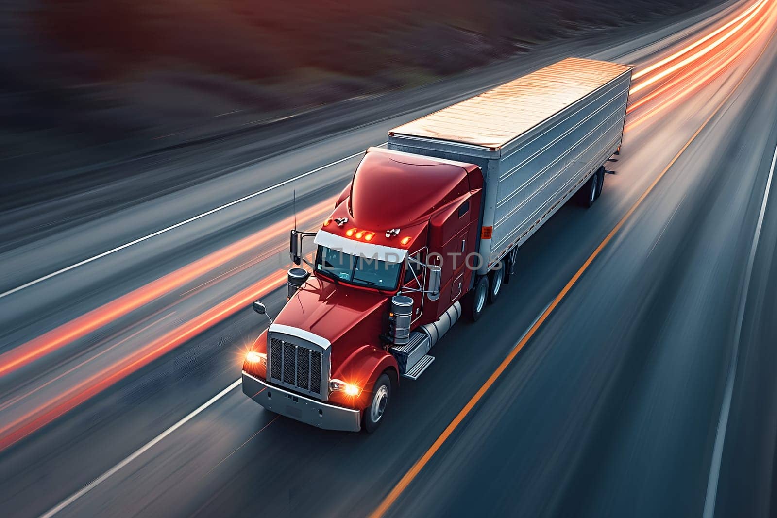 Classic American long-nose semitruck on a highway. Neural network generated image. Not based on any actual scene or pattern.