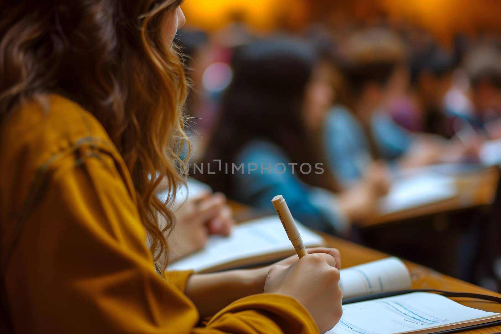 Close up, concept of students studying in a classroom lecture. Neural network generated image. Not based on any actual scene or pattern.