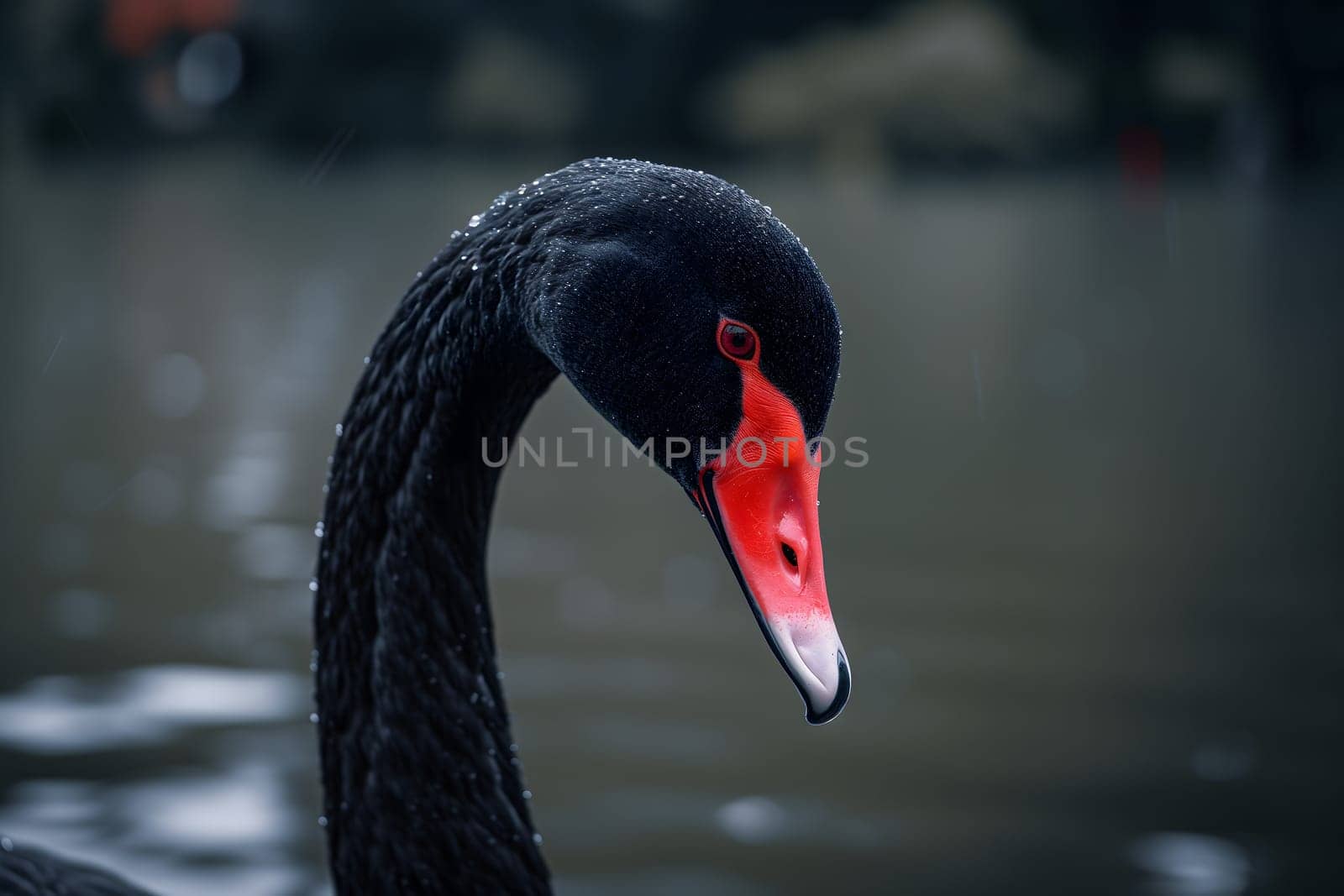 Black swan on water surface, close up. Neural network generated image. Not based on any actual scene or pattern.