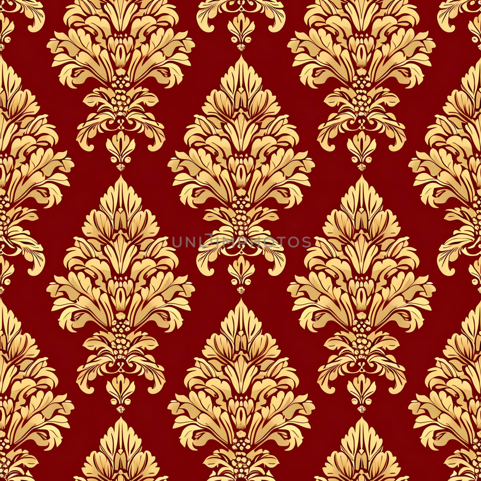 Seamless texture of red and gold damask pattern. Neural network generated image. Not based on any actual scene or pattern.
