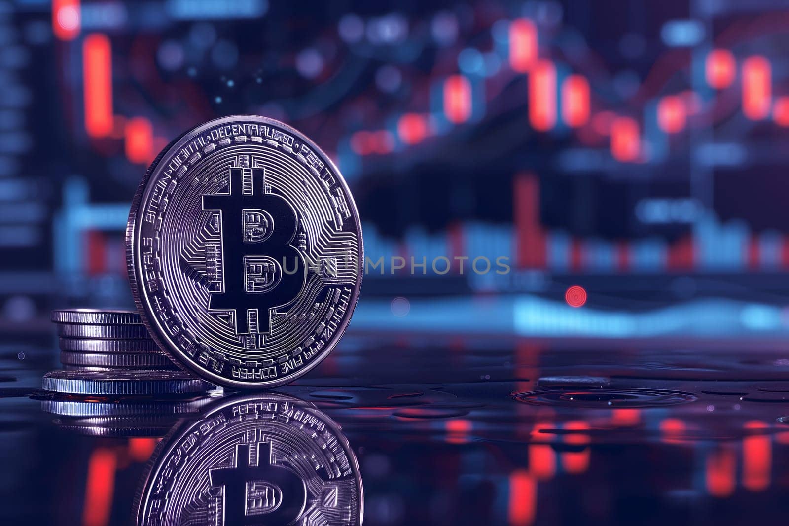 Bitcoin shiner in front of blurry trading charts screen. Dark appearance. Neural network generated image. Not based on any actual scene or pattern.